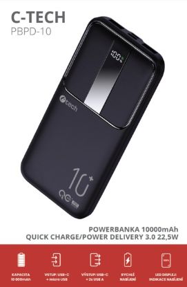 Obrázek C- TECH Powerbanka 10000mAh, Li- Pol, 22, 5W, USB- C/ USB- A/ micro USB