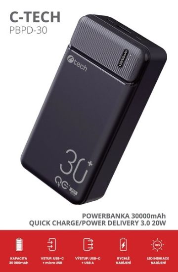 Obrázek C- TECH Powerbanka 30000mAh, Li- Pol, 20W, USB- C/ USB- A/ micro USB