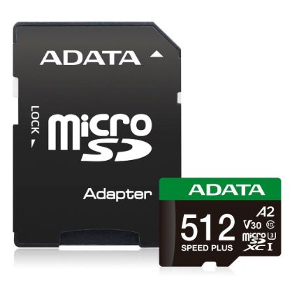 Obrázek ADATA MicroSDXC karta 512GB Speed Plus, U3, C10, A2, V30 (R: 180/ W: 160 MB/ s) + SD adaptér