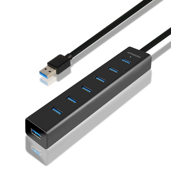 Obrázek AXAGON HUE- SA7BP, 7x USB 3.0 ALU CHARGING hub, vč. AC adaptéru, kabel USB- A 40cm
