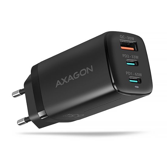 Obrázek AXAGON ACU- DPQ65, GaN nabíječka do sítě 65W, 3x port (USB- A + dual USB- C), PD3.0/ QC4+/ PPS/ Apple, černá