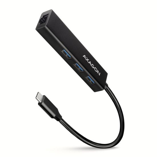 Obrázek AXAGON HMC- GL3A, USB 3.2 Gen 1 hub, porty 3x USB- A + Gigabit Ethernet, kovový, kabel USB- C 20cm