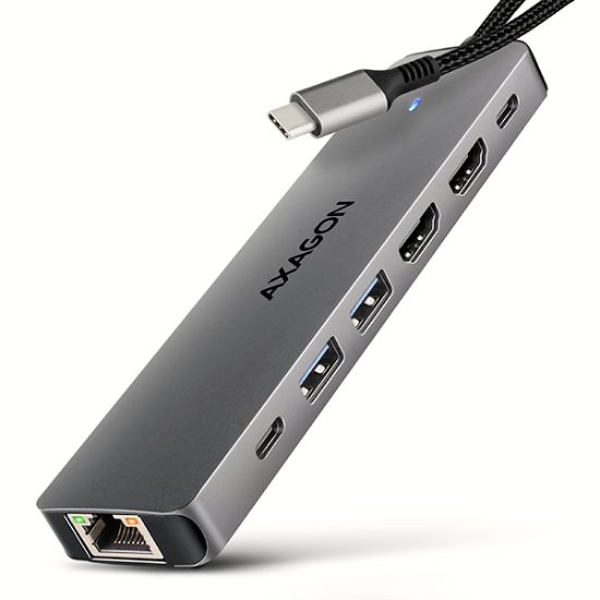 Obrázek AXAGON HMC- 7HX2, USB 5Gbps hub, 2x USB- A, USB- C, 2x HDMI 4k/ 60Hz, RJ- 45 GLAN, PD 100W, kabel USB- C 15cm