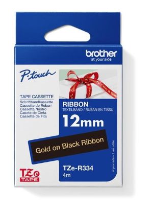 Obrázek BROTHER TZE- R334 - kazeta TZ šířky 12mm, TEXTILNÍ páska 4m- pro tvorbu dárků - NELEPÍCÍ - ČERNÁ PÁSKA, ZLATÝ POTISK gold