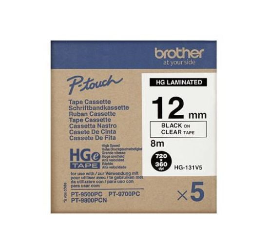 Obrázek BROTHER HGE- 131V5 Labelling Supplies, 12mm Black/ Clear (5 pcs Pack) High Grade Tape