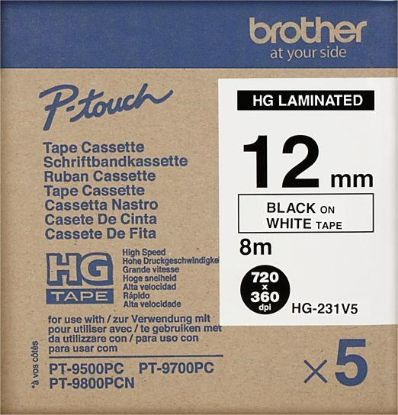 Obrázek BROTHER HGE- 231V5 Labelling Supplies, 12mm Black/ White (5 pcs Pack) High Grade Tape