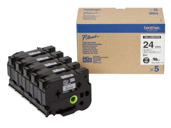 Obrázek BROTHER HGE- M951V5 Labelling Supplies, 24mm Black/ Matt Silver (5 pcs Pack) High Grade Tape