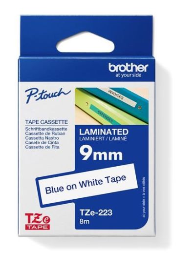 Obrázek BROTHER TZE223 - kazeta TZ šířky 9mm, laminovaná TZE-223, bílá/modré písmo