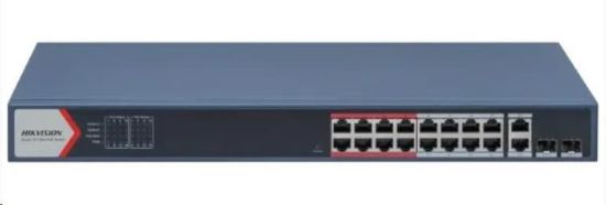 Obrázek Hikvision DS- 3E1318P- EI(B), Smart managed switch 16x100TX PoE + 2x Gb Uplink Combo port, 230W, Super PoE- dosah až 300m