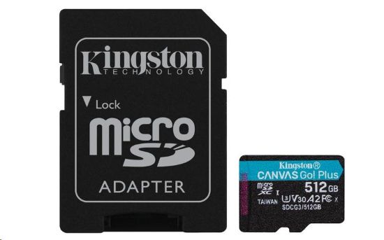 Obrázek Kingston MicroSDXC karta 512GB Canvas Go! Plus, R: 170/ W: 90MB/ s, Class 10, UHS- I, U3, V30, A2 + Adaptér