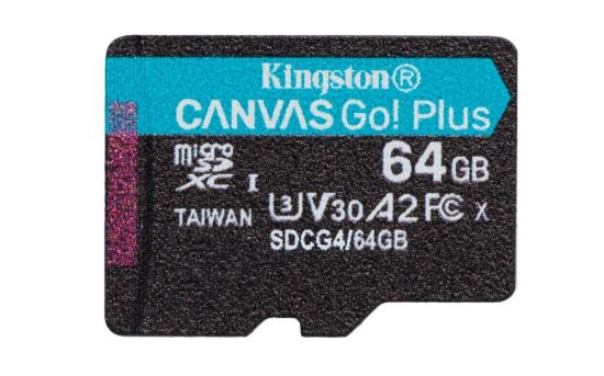 Obrázek Kingston MicroSDXC karta 64GB Canvas Go! Plus, R: 200/ W: 160MB/ s, Class 10, UHS- I, U3, V30, A2 + Adaptér