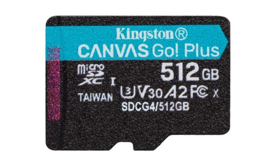 Obrázek Kingston MicroSDXC karta 512GB Canvas Go! Plus, R: 200/ W: 160MB/ s, Class 10, UHS- I, U3, V30, A2 + Adaptér