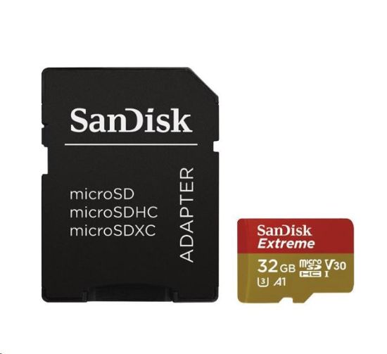 Obrázek SanDisk MicroSDHC karta 32GB Extreme (100MB/ s, Class 10 UHS- I V30, pro akční kamery) + adaptér