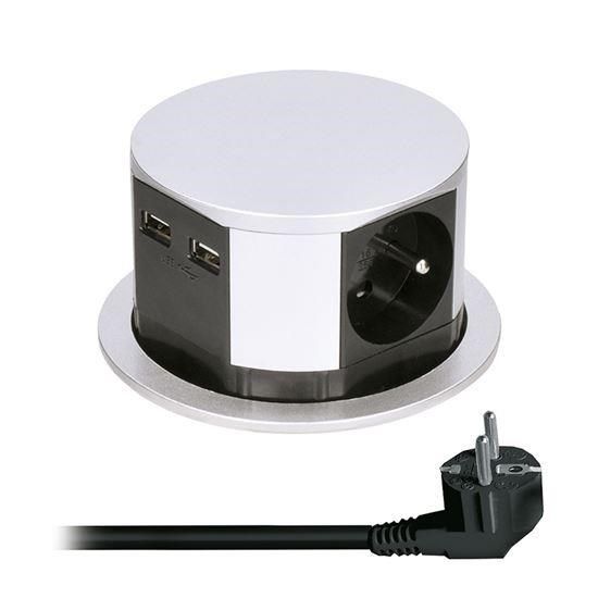 Obrázek Solight výsuvný blok zásuvek, 3 zásuvky, 2x USB, kruhový tvar nízký, prodlužovací přívod 1, 5m, 3 x 1mm2, stříbrný