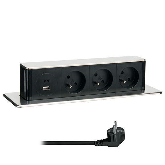 Obrázek Solight 3z + USB A+C výsuvný blok zásuvek, 2m, nerez ocel