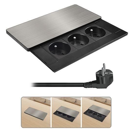 Obrázek Solight vestavný blok zásuvek s posuvným krytem, 3 zásuvky, 2m, stříbrný