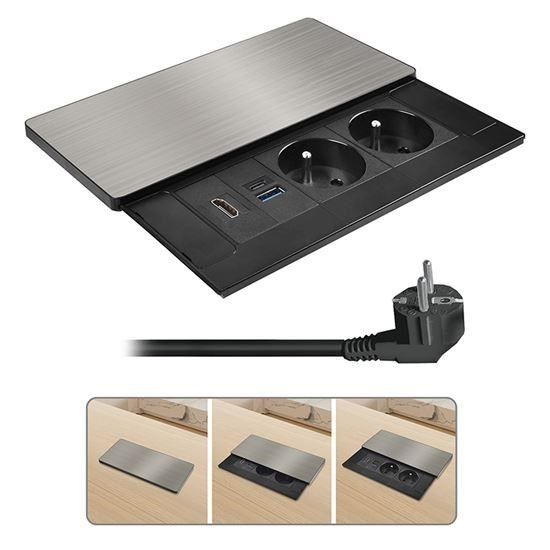 Obrázek Solight vestavný blok zásuvek s posuvným krytem, 2 zásuvky, HDMI, USB A+C 20W PD, 2m, stříbrný