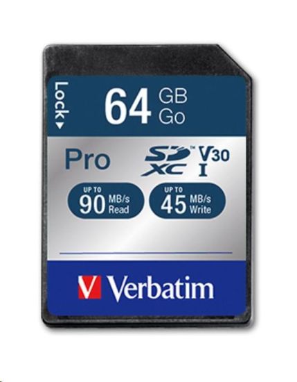 Obrázek VERBATIM SDXC karta 64GB Pro, U3, V30 (R: 90/ W: 45 MB/ s)